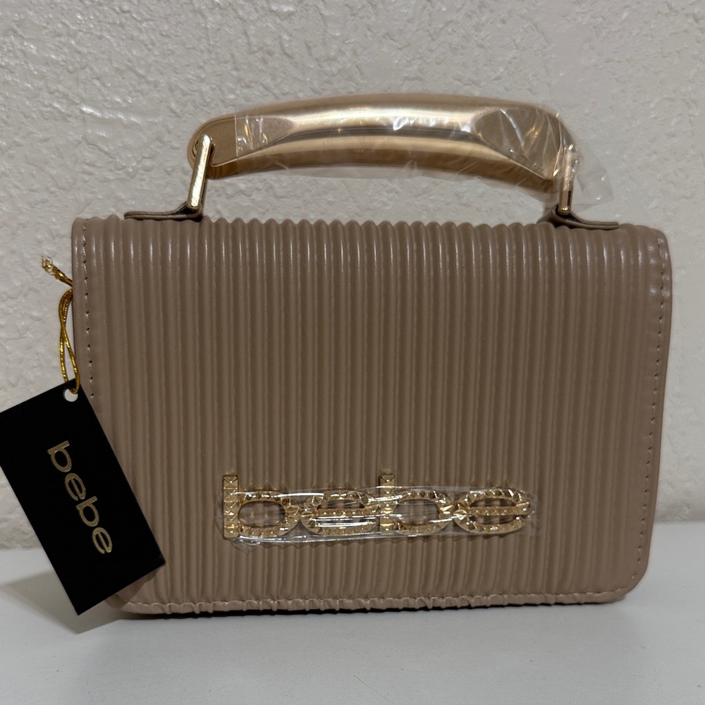 Bebe Taupe Crossbody Clutch with Gold Accents